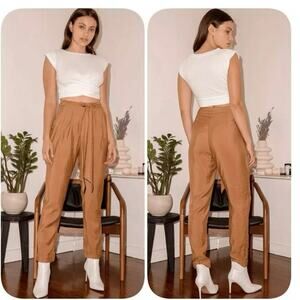 Loose fit High Waist Tie-Front Trouser Pants in dark tan, A04, NWT, Size XS